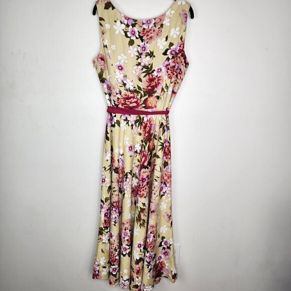 Adrianna Papell Linen Blend Belted Fit and flare Floral Vintage Dress Size 14 - Picture 4 of 12